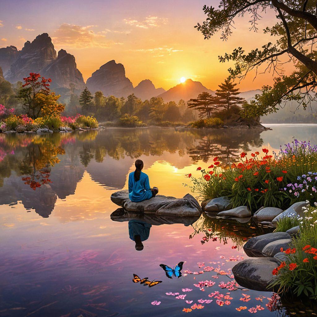 A serene landscape featuring a vibrant sunrise over a tranquil lake, with a person meditating peacefully on the shore, surrounded by blossoming flowers and gentle butterflies. The image captures the essence of joyful moments and inner peace, with insightful quotes subtly integrated into the scene. super-realistic. vibrant colors. peaceful atmosphere.
