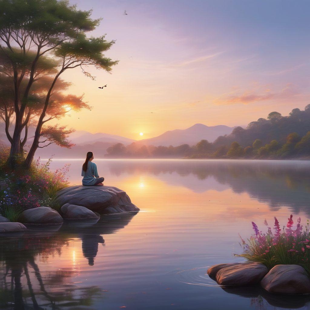 A serene landscape featuring a sunrise over a tranquil lake, symbolizing new beginnings and enlightenment. In the foreground, a person meditating on a rock, surrounded by blooming flowers and butterflies, representing bliss and breakthrough moments. The sky is painted in soft pastel colors, reflecting peace and positivity. super-realistic. vibrant colors. tranquil atmosphere.
