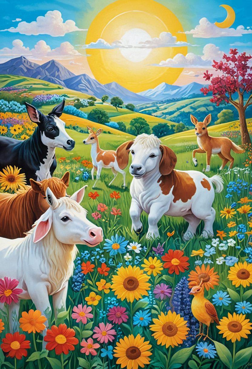 An intricate jigsaw puzzle of a vibrant landscape representing happiness, with pieces that depict joyful elements like smiling faces, bright sun, colorful flowers, and playful animals. A hand is seen placing the final piece in, illuminating the scene with a warm glow. The background hints at a serene blue sky and gentle rolling hills. explore the idea of connection and completion. painting. vibrant colors. white background.